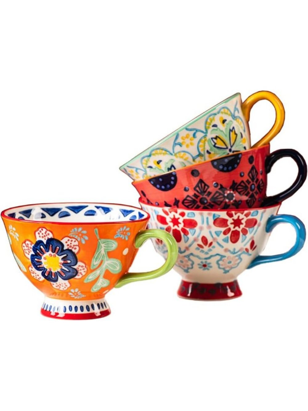 Hand-Painted Floral Ceramic Jumbo Coffee Mugs Set of 4 - 14oz Tea & Cereal Cups
